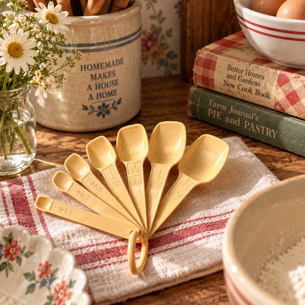Vintage Tupperware 1272-3 Measuring Spoons Set of 7 Peach Almond Nesting Ring
